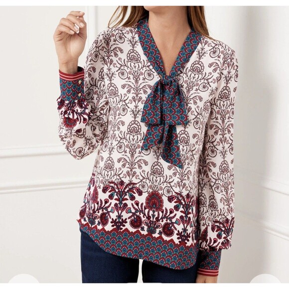 NEW Talbots Tie Neck Soft Top Blouse Damask Border Large Curved Hem Pullover - Picture 1 of 16